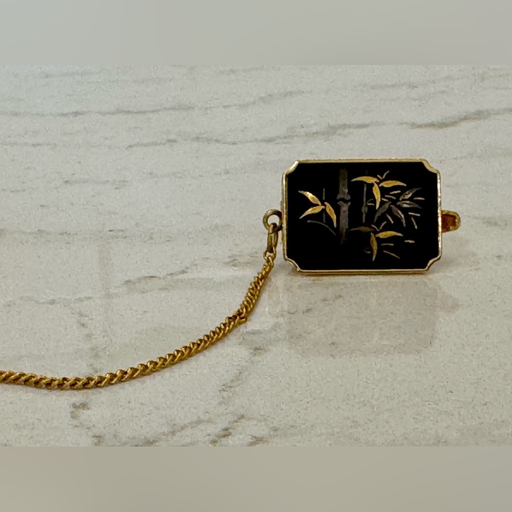 VINTAGE Japan AMITA Damascene Bamboo Sweater / Collar Clip — Midcentury Jewelry - Picture 2 of 5